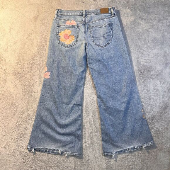 RARE American Eagle Wide Leg Floral One Of A Kind Denim Jeans Size 4 - Picture 8 of 11
